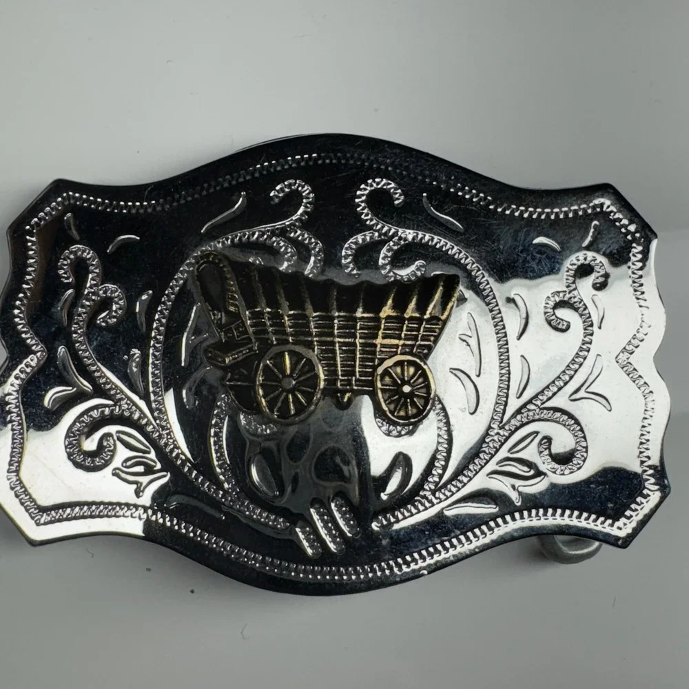 Western‎ Covered Wagon Belt Buckle Ornate Silver Tone Western Style